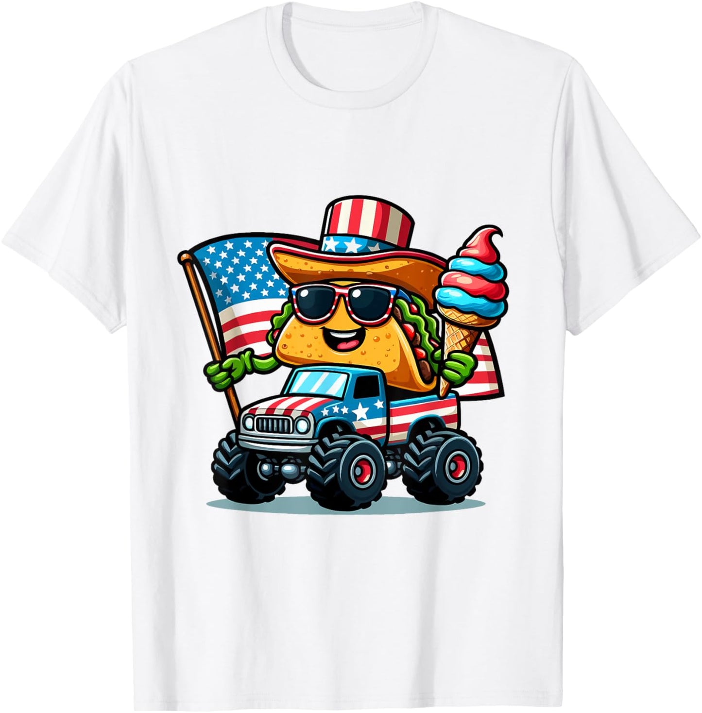 Funny Taco Riding Monster Truck holding ice cream 4 of July T-Shirt - T-Shirt | White