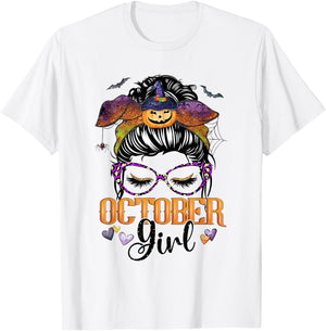 October Girl Halloween Messy Bun Lady Hair Glasses Bandana T-Shirt - T-Shirt | White