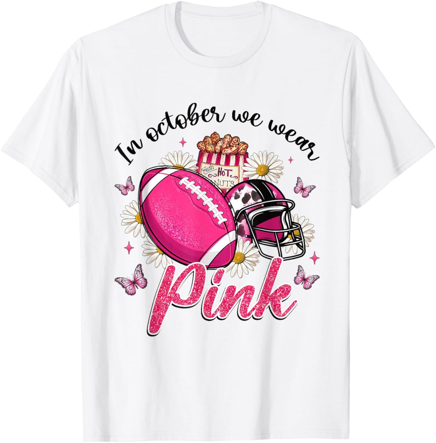 In October We Wear Pink Football Butterfly Breast Cancer T-Shirt - T-Shirt | White