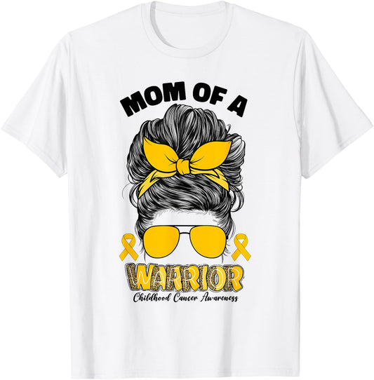 Childhood Cancer Awareness Mom Of A Warrior Messy Bun Mama T-Shirt - T-Shirt | White