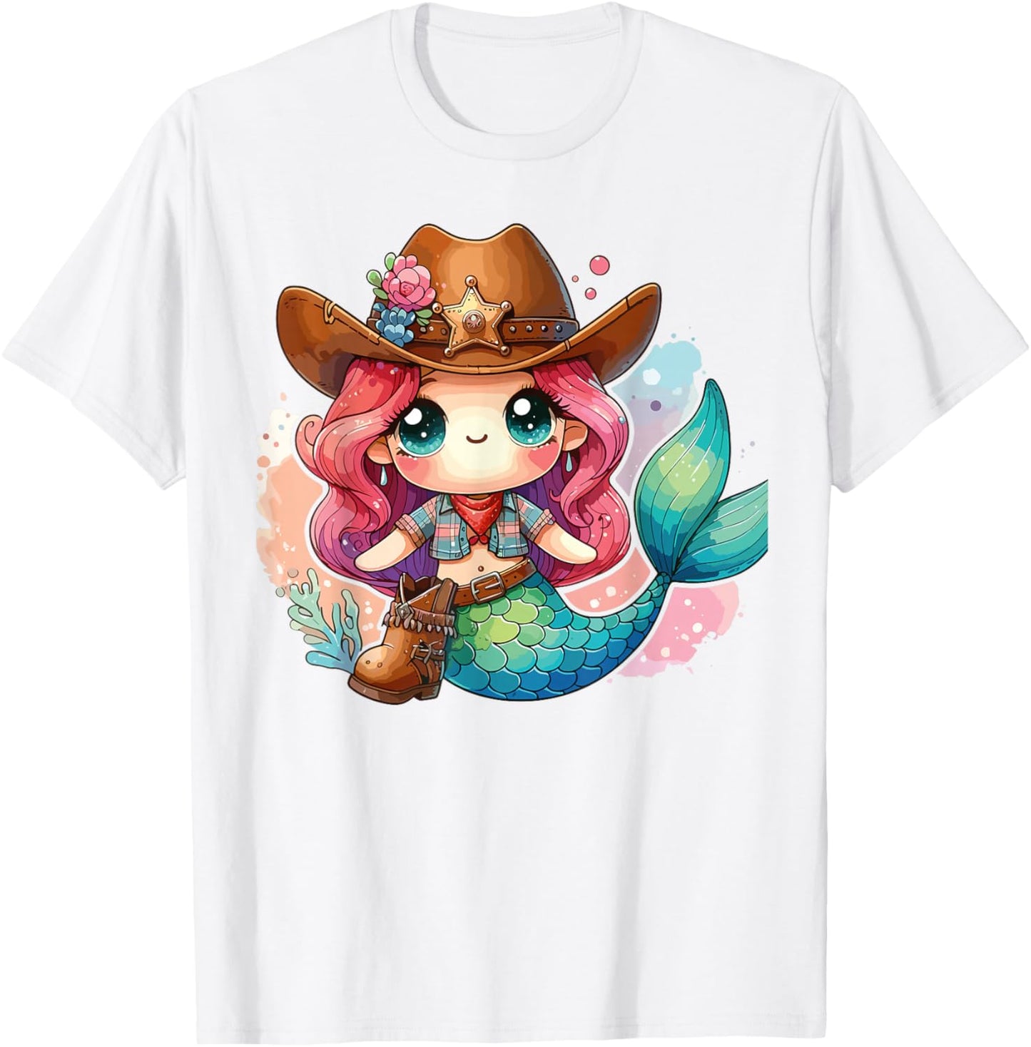Western Rodeo Cowboy Hat Mermaid Texas Animals T-Shirt - T-Shirt | White