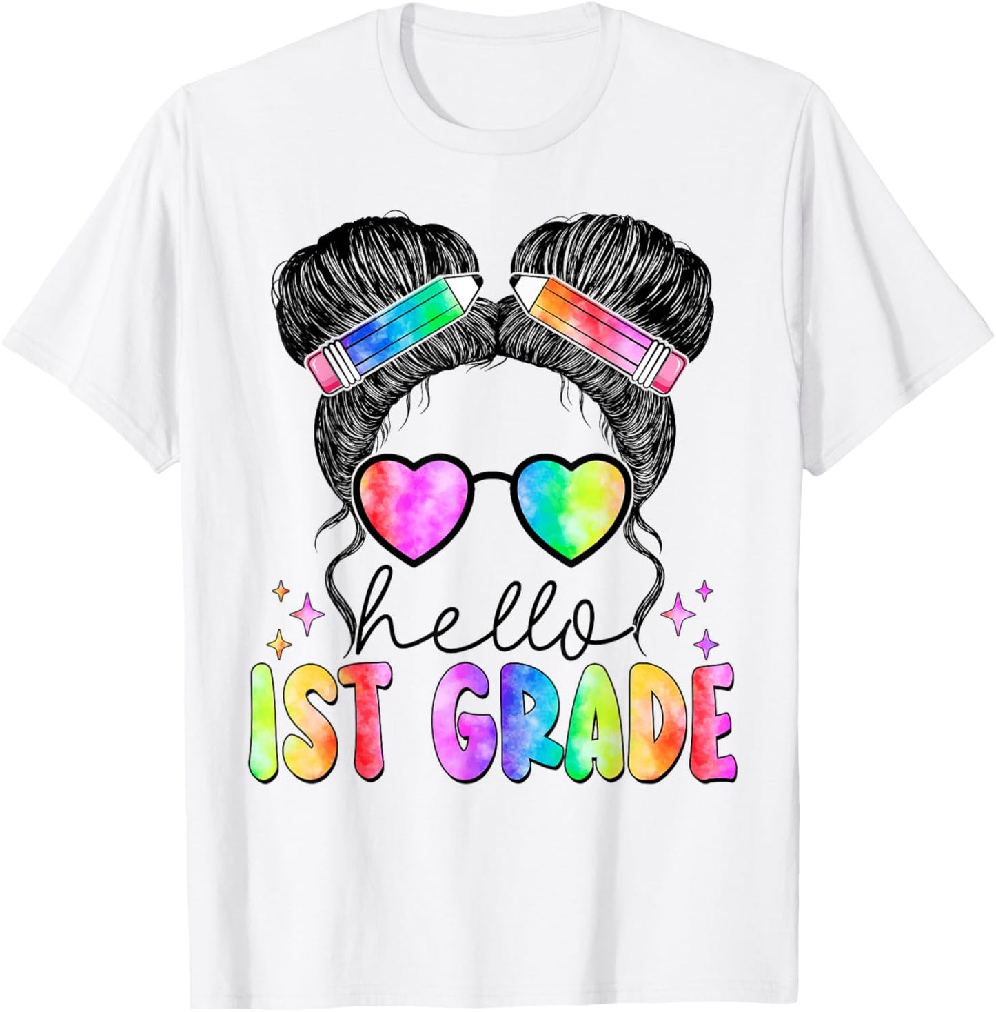 Messy Hair Bun Girl Back To School First Day Hello 1st Grade T-Shirt - T-Shirt | White