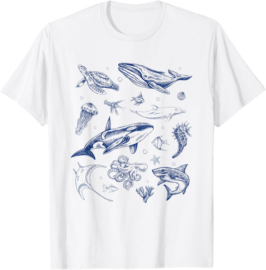 Sea Ocean Life Marine Shark Whale Turtle Octopus Wave Diver T-Shirt - T-Shirt | White