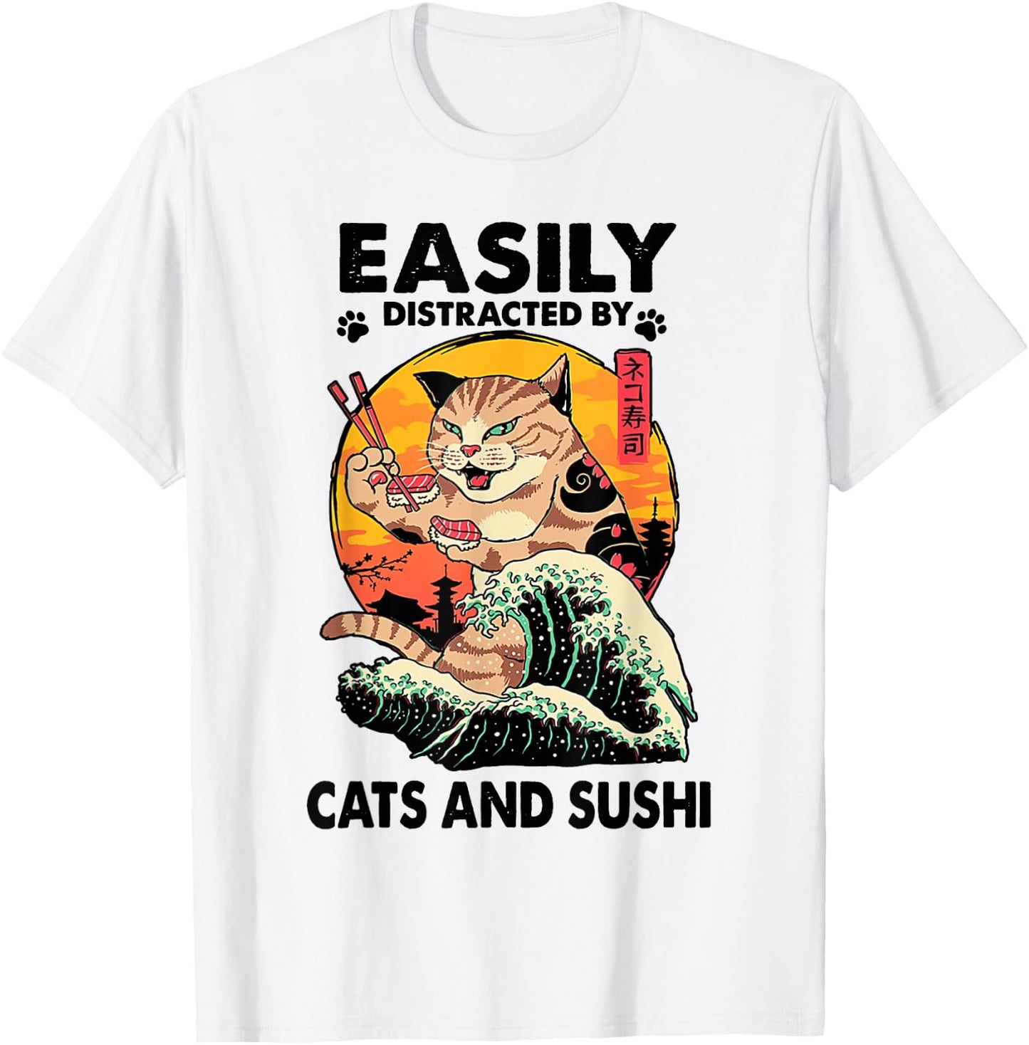 Easily Distracted By Cats And Sushi T-Shirt - T-Shirt | White