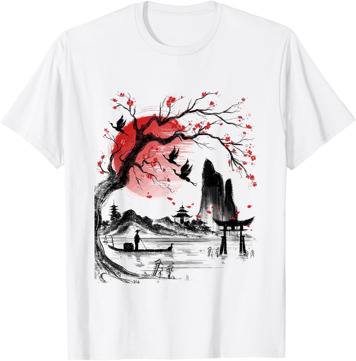 Japanese Tree Red Moon With Birds Flying in background T-Shirt - T-Shirt | White