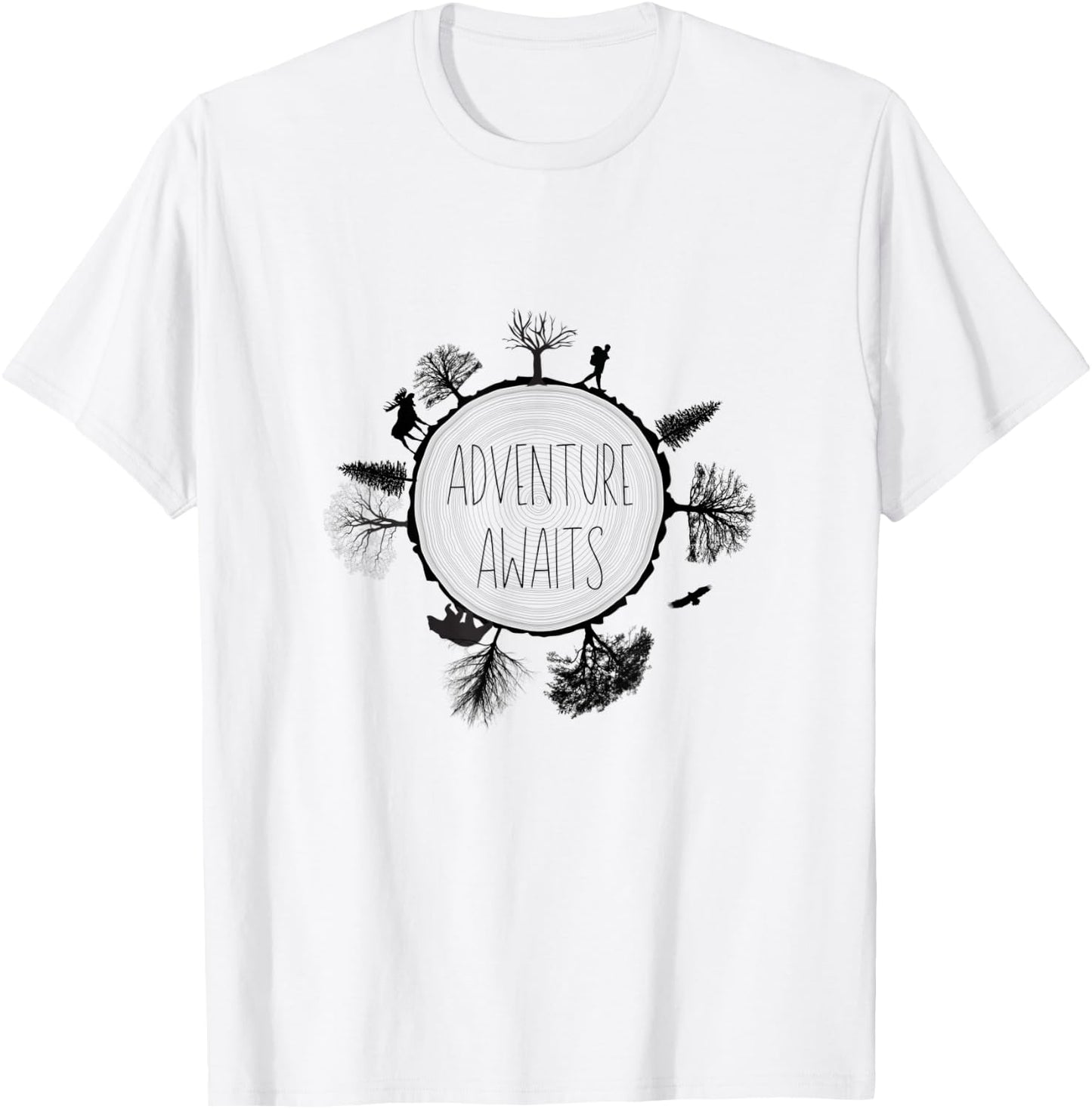 Tree Rings Hiker Moose Bear Eagle Black Adventure Awaits T-Shirt - T-Shirt | White