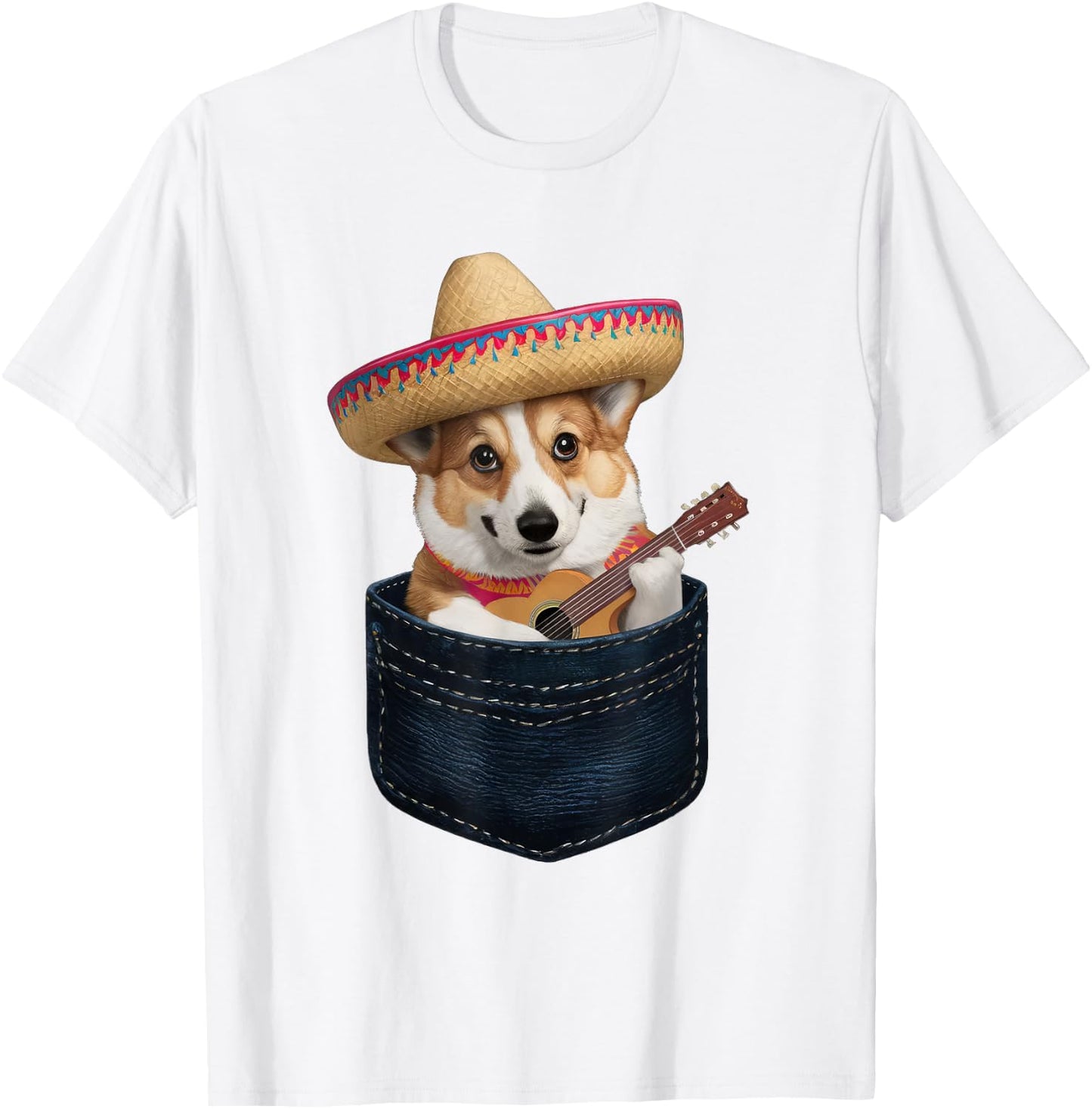 Sombrero Welsh Corgi Dog Playing Guitar Cinco de Mayo Men Women Kids T-Shirt - T-Shirt | White