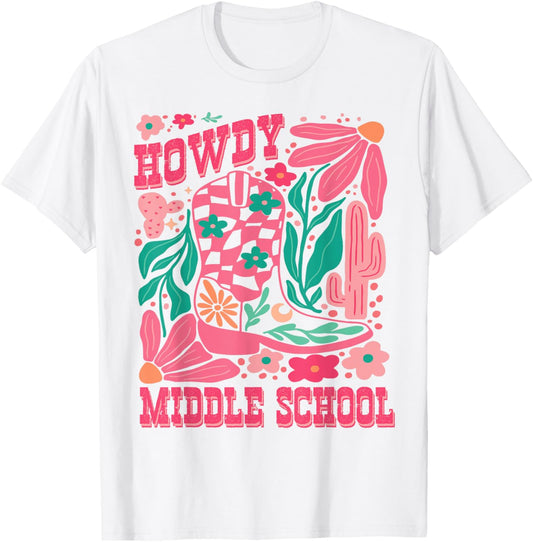Howdy Middle School Western Girl Country Rodeo Pink Cowgirl T-Shirt - T-Shirt | White