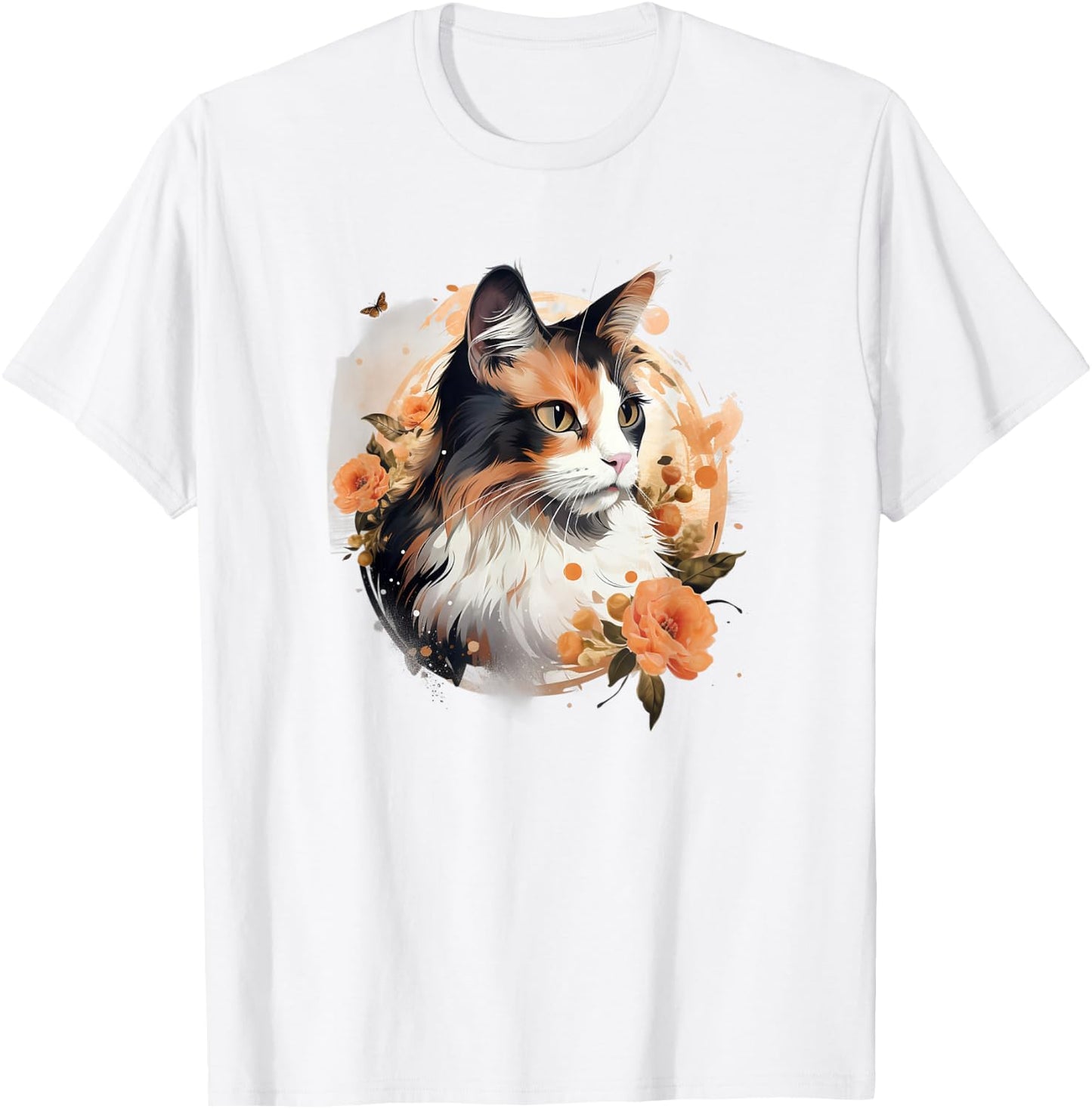 Girls Kids Floral Beautiful Flowers Calico Cat Lover T-Shirt - T-Shirt | White