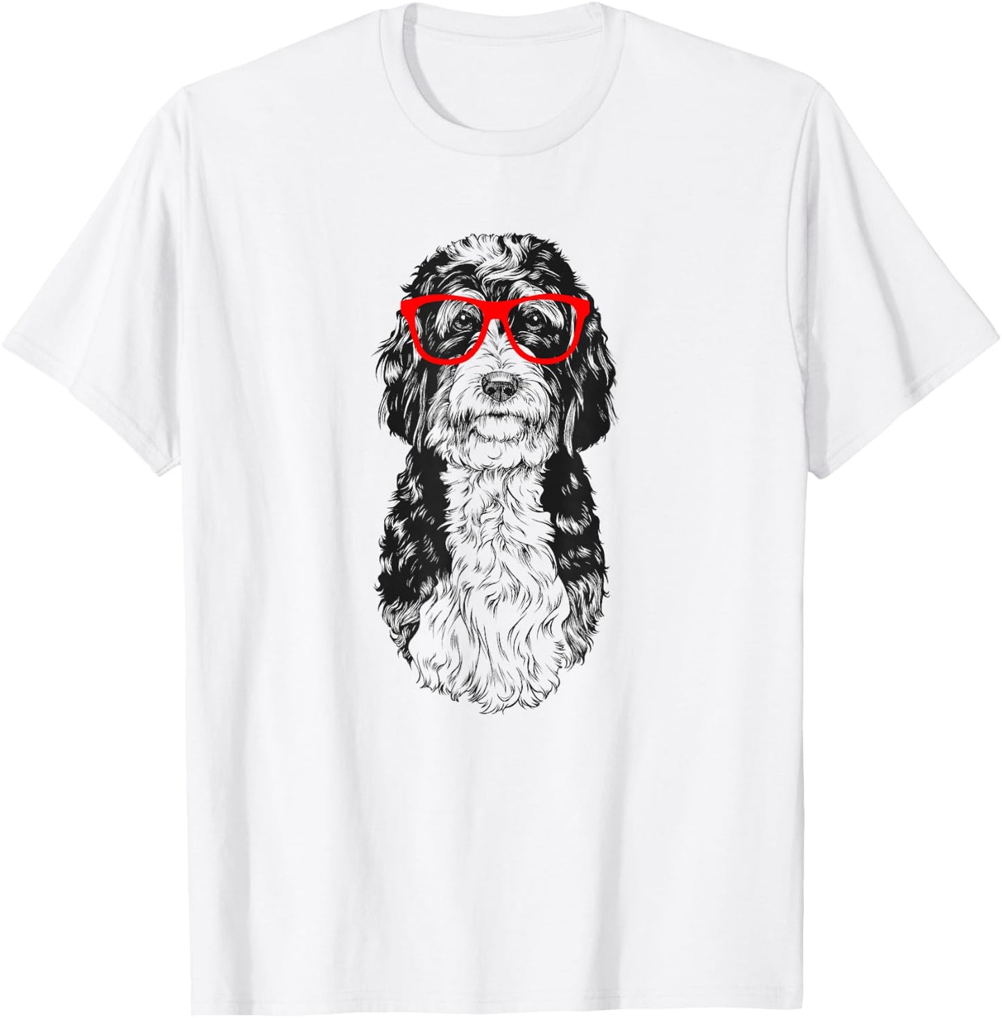 Bernedoodle in Red Glasses Nerd Doodle Dog T-Shirt - T-Shirt | White