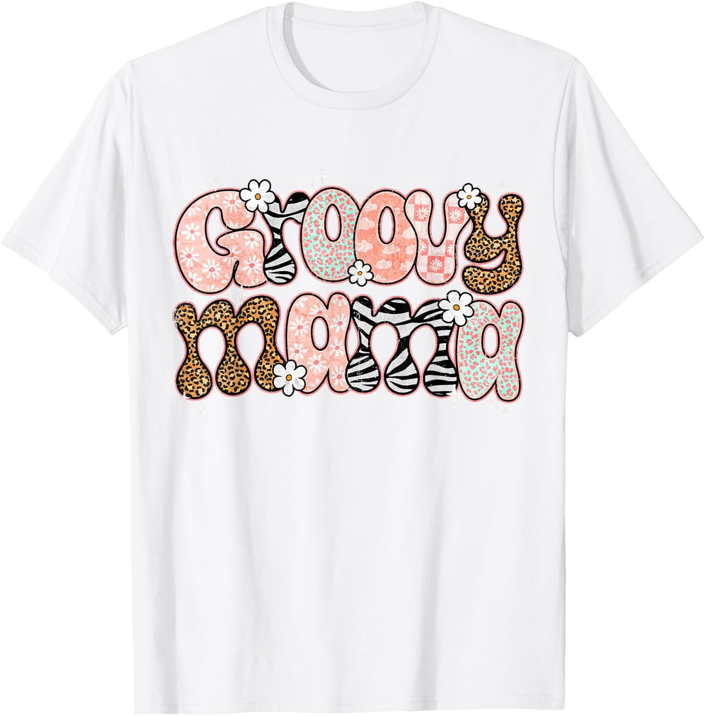 Groovy Mama Mommy Retro Floral Mom Life Leopard Maternity T-Shirt - T-Shirt | White