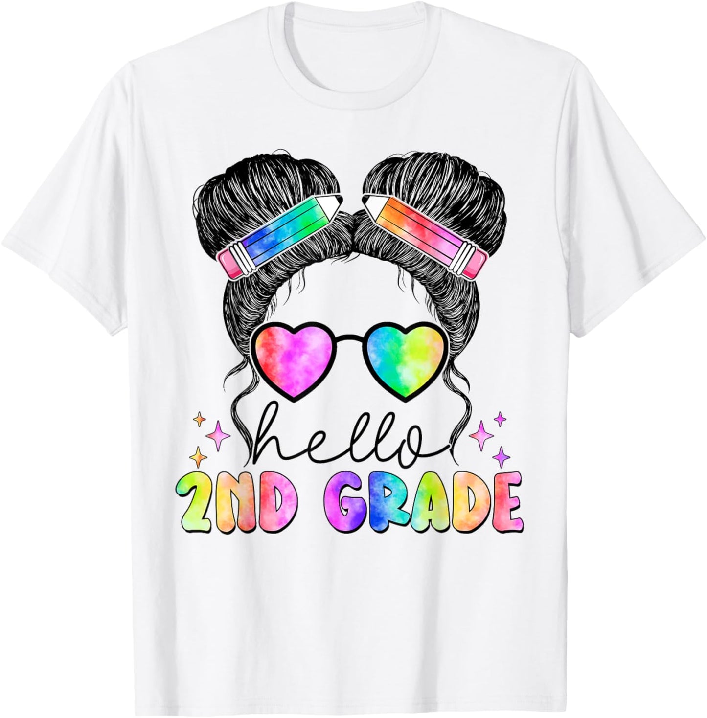 Messy Hair Bun Girl Back To School First Day Hello 2nd Grade T-Shirt - T-Shirt | White