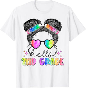 Messy Hair Bun Girl Back To School First Day Hello 2nd Grade T-Shirt - T-Shirt | White