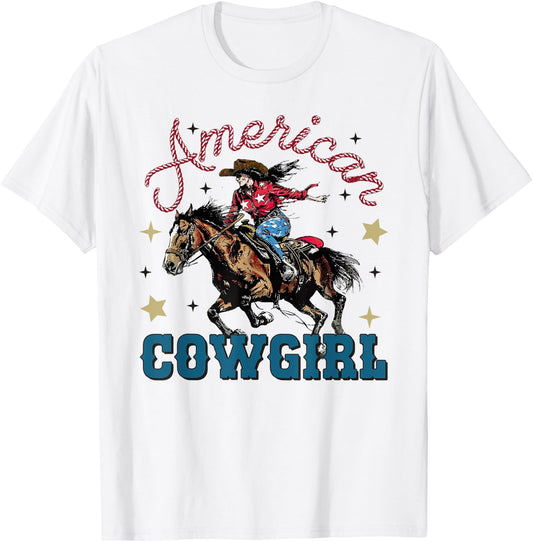 American Cowgirl July 4th Of July USA Coquette Patriotic T-Shirt - T-Shirt | White