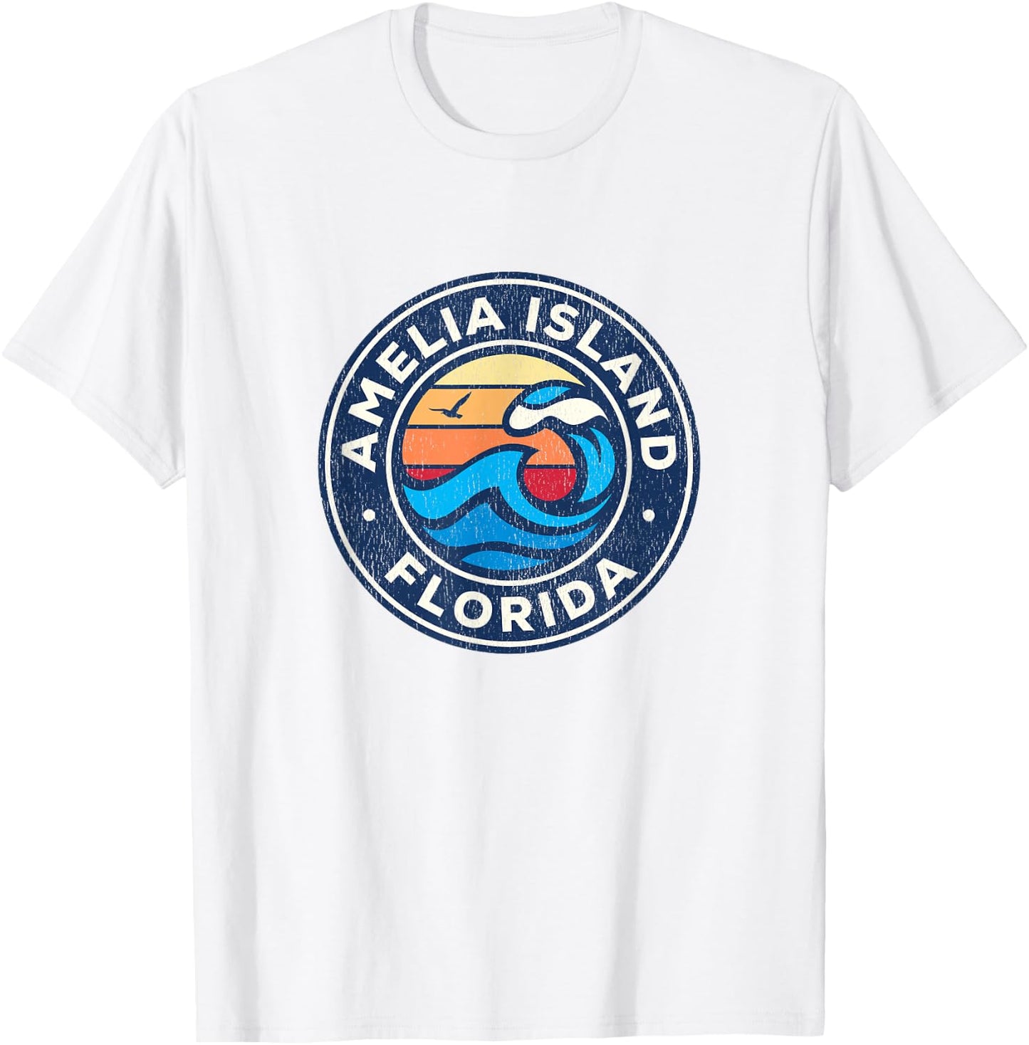 Amelia Island Florida FL Vintage Nautical Waves Design T-Shirt - T-Shirt | White