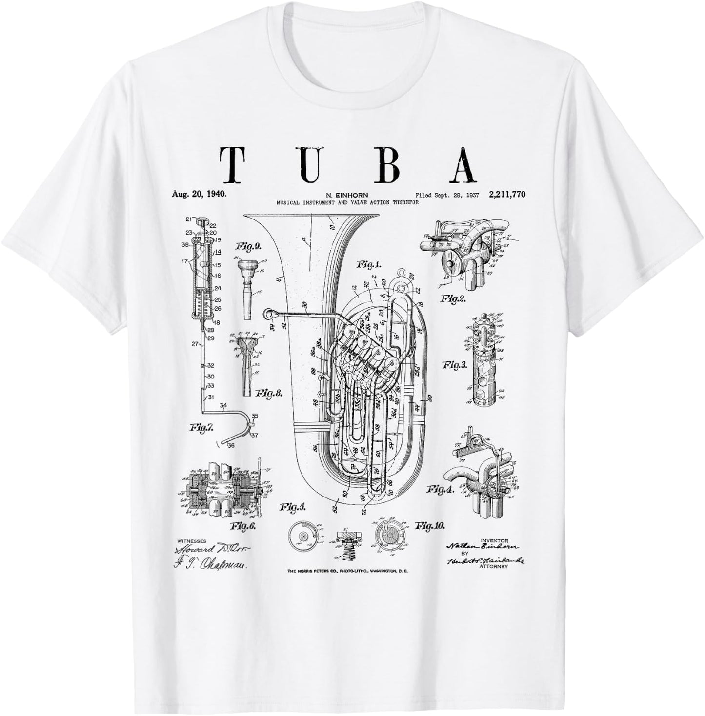 Tuba Vintage Patent Tubaist Tubist Drawing Print T-Shirt - T-Shirt | White
