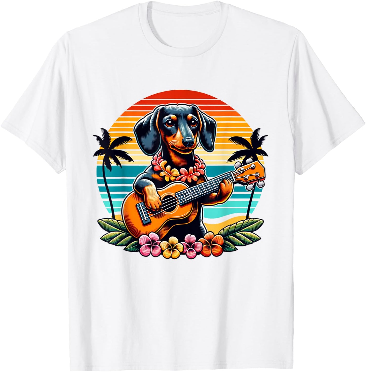 Cute dachshund Dog Playing Guitar Hawaiian Summer Wiener T-Shirt - T-Shirt | White
