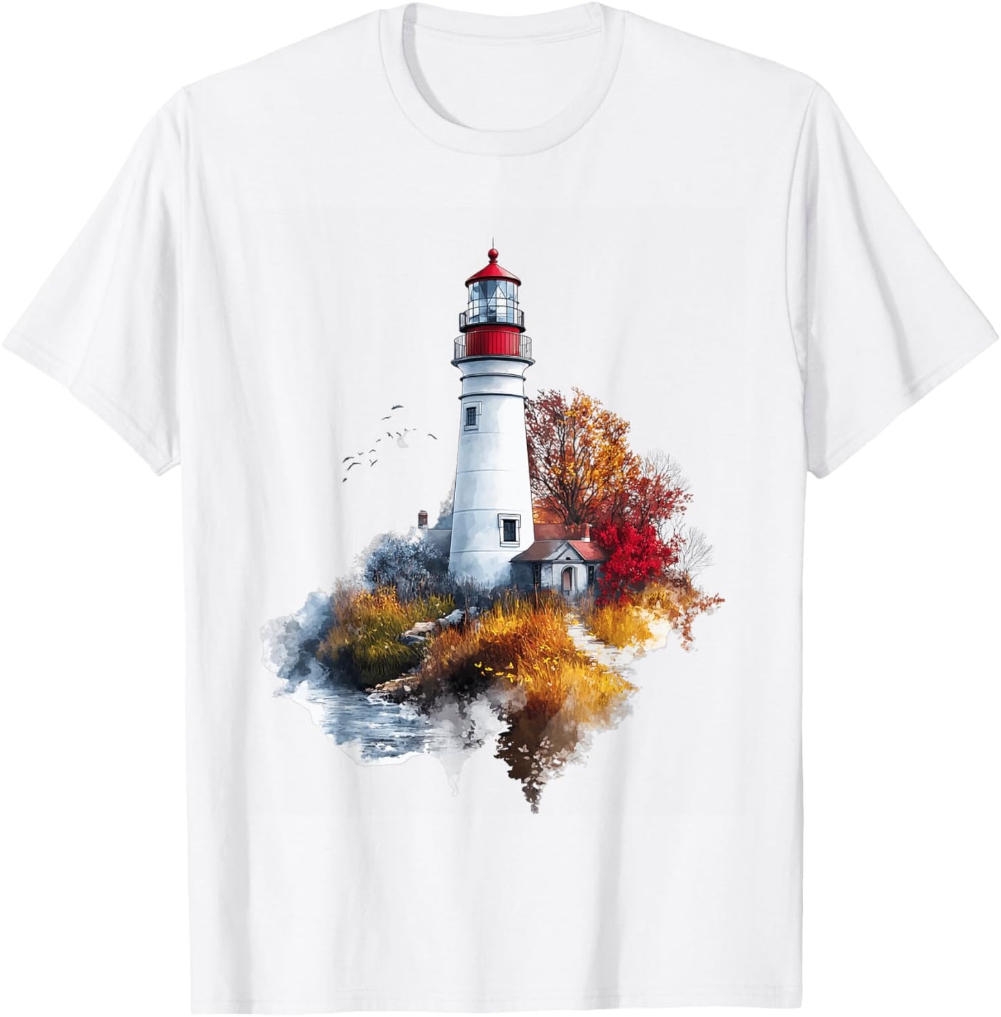 Scenic Lighthouse in Autumn Landscape T-Shirt - T-Shirt | White