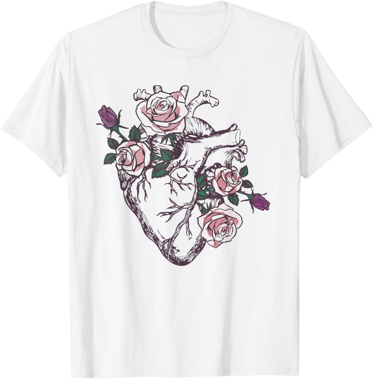 Anatomical Heart Floral Cute Roses Human Anatomy Love Nurse T-Shirt - T-Shirt | White
