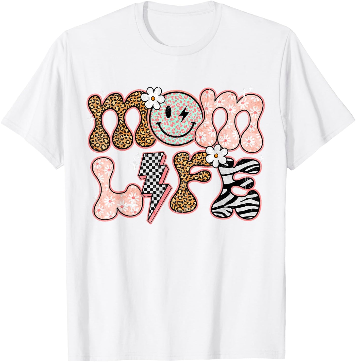 Mom Life Floral Groovy Smile Leopard Retro Mum Mum Mother T-Shirt - T-Shirt | White