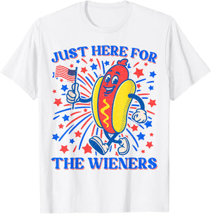 Hot Dog I'm Just Here For The Wieners 4Th Of July Patriotic Men Women Girls Kids T-Shirt - T-Shirt | White