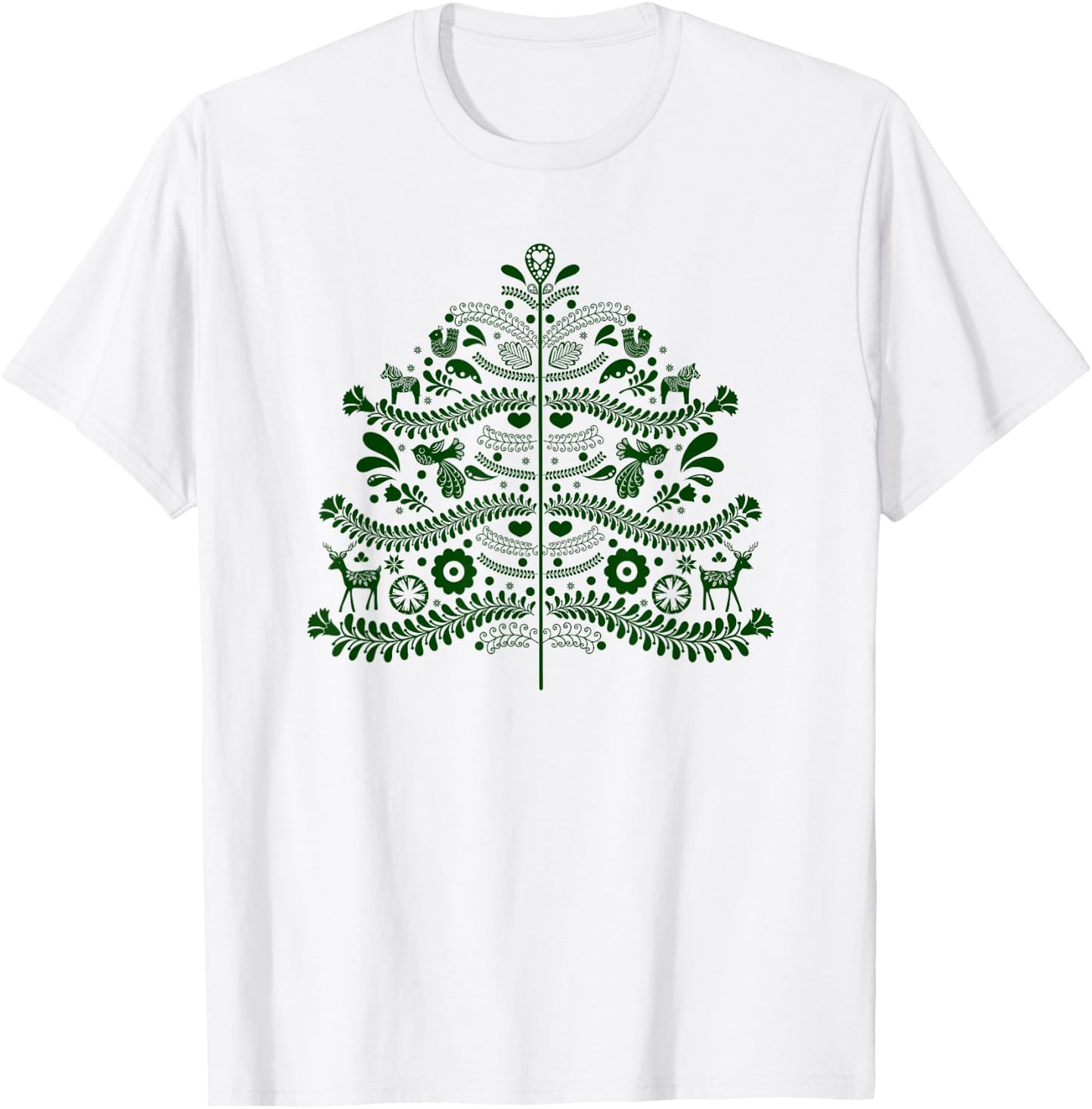 Green Scandinavian Folk Art Style Christmas Tree Design T-Shirt - T-Shirt | White