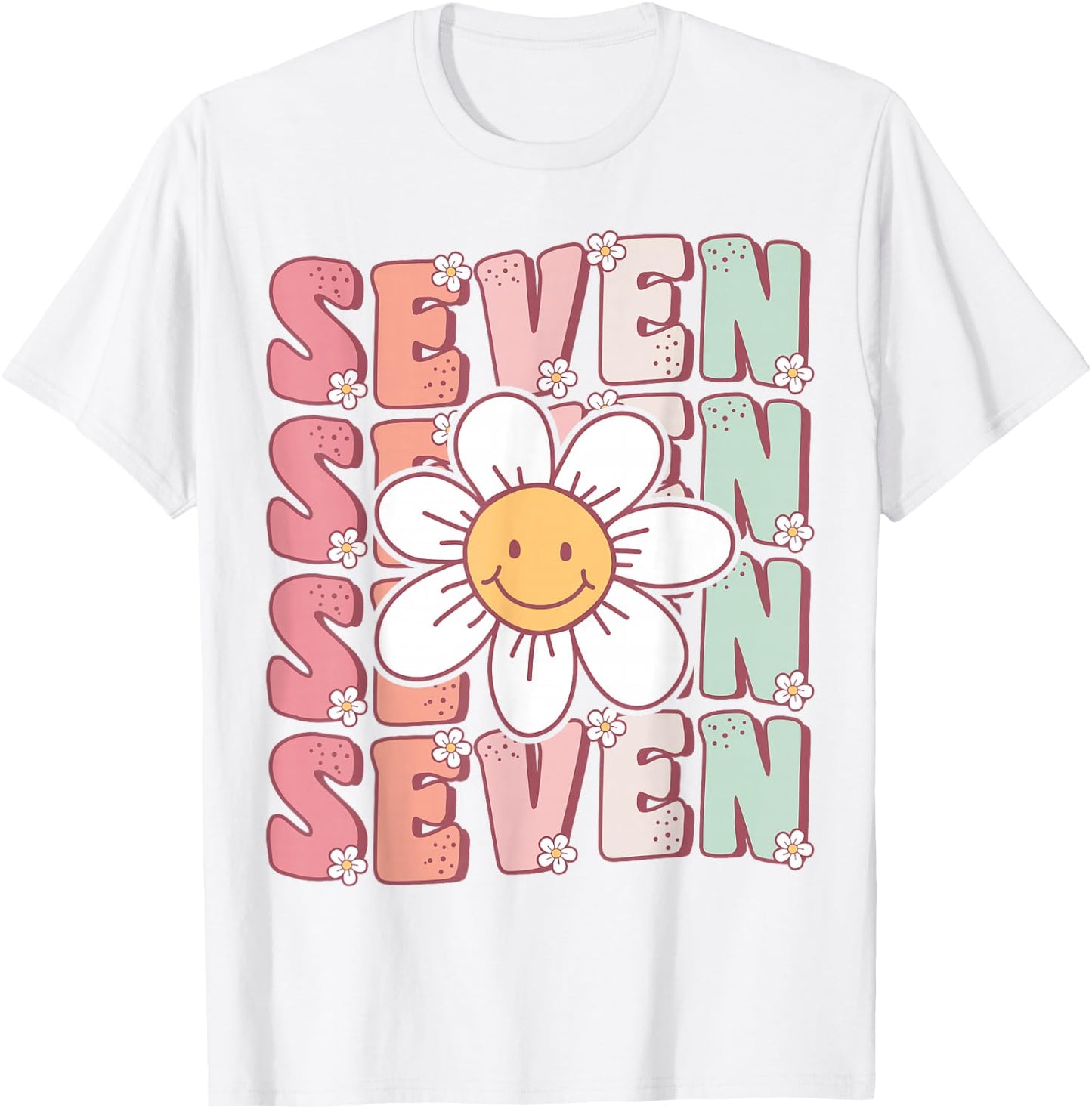 Cute Groovy 7th Birthday Party Daisy Flower Seven Year Old T-Shirt - T-Shirt | White