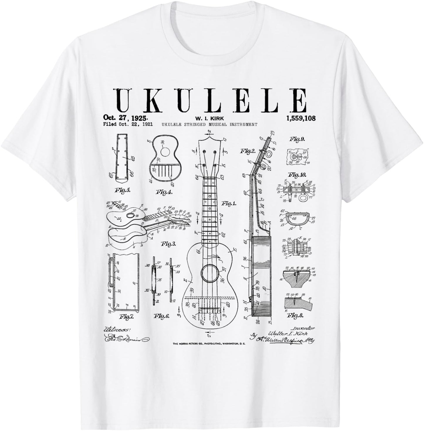 Ukulele Musical Instrument Uke Vintage Patent Drawing Print T-Shirt - T-Shirt | White