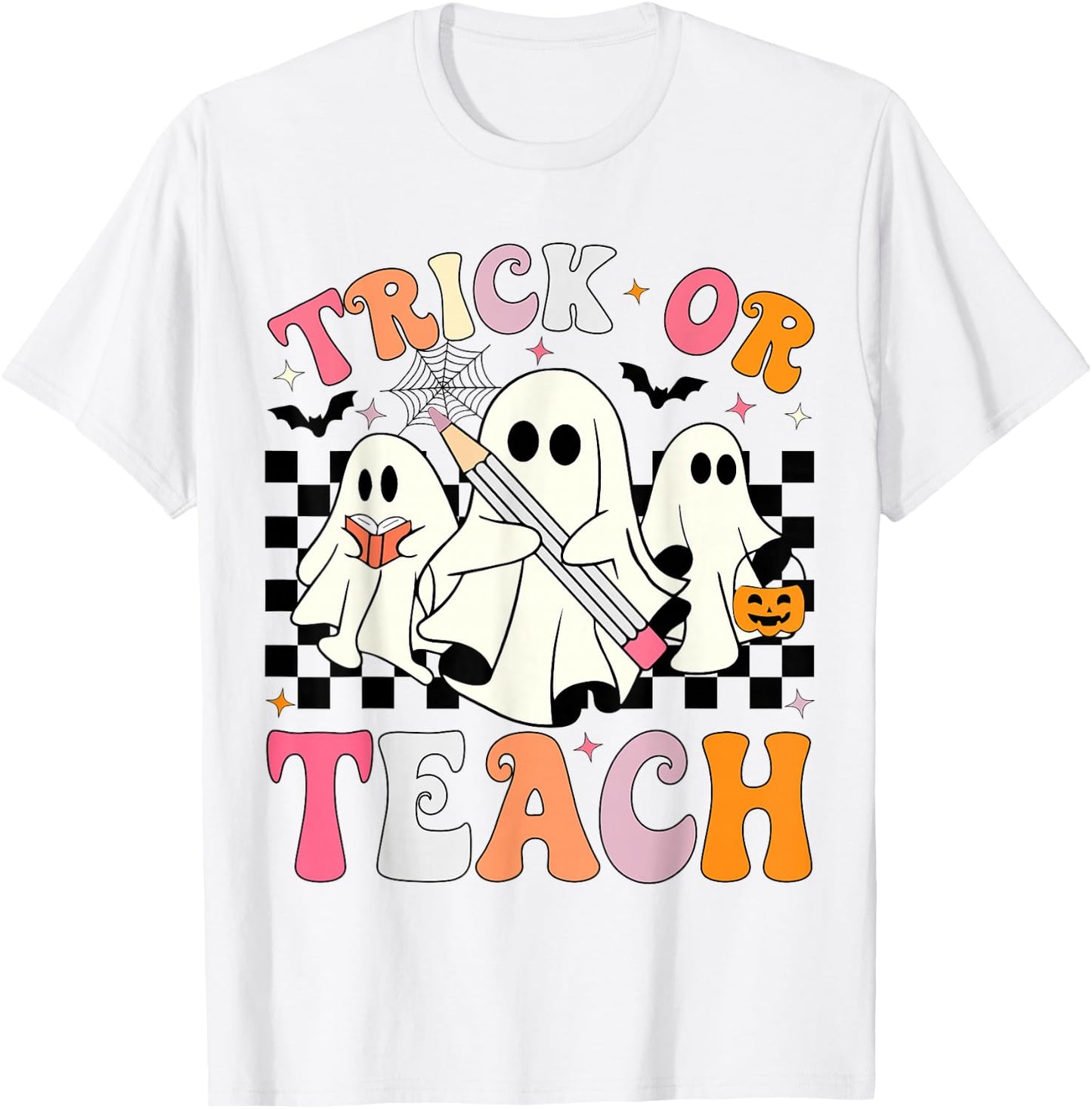 Trick or Teach Groovy Halloween Teacher Ghosts Retro Teacher T-Shirt - T-Shirt | White