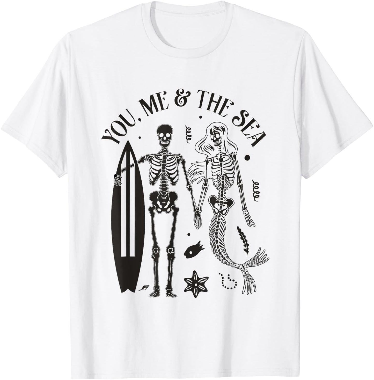 Mermaid Skeleton Couple Surfing Vintage Island Beach Surfer Women Girls Kids T-Shirt - T-Shirt | White
