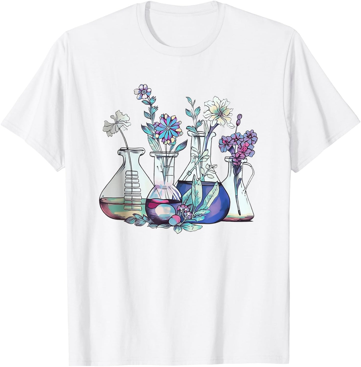 Floral Beakers Laboratory Chemistry Lab Scientist Lab Tech T-Shirt - T-Shirt | White