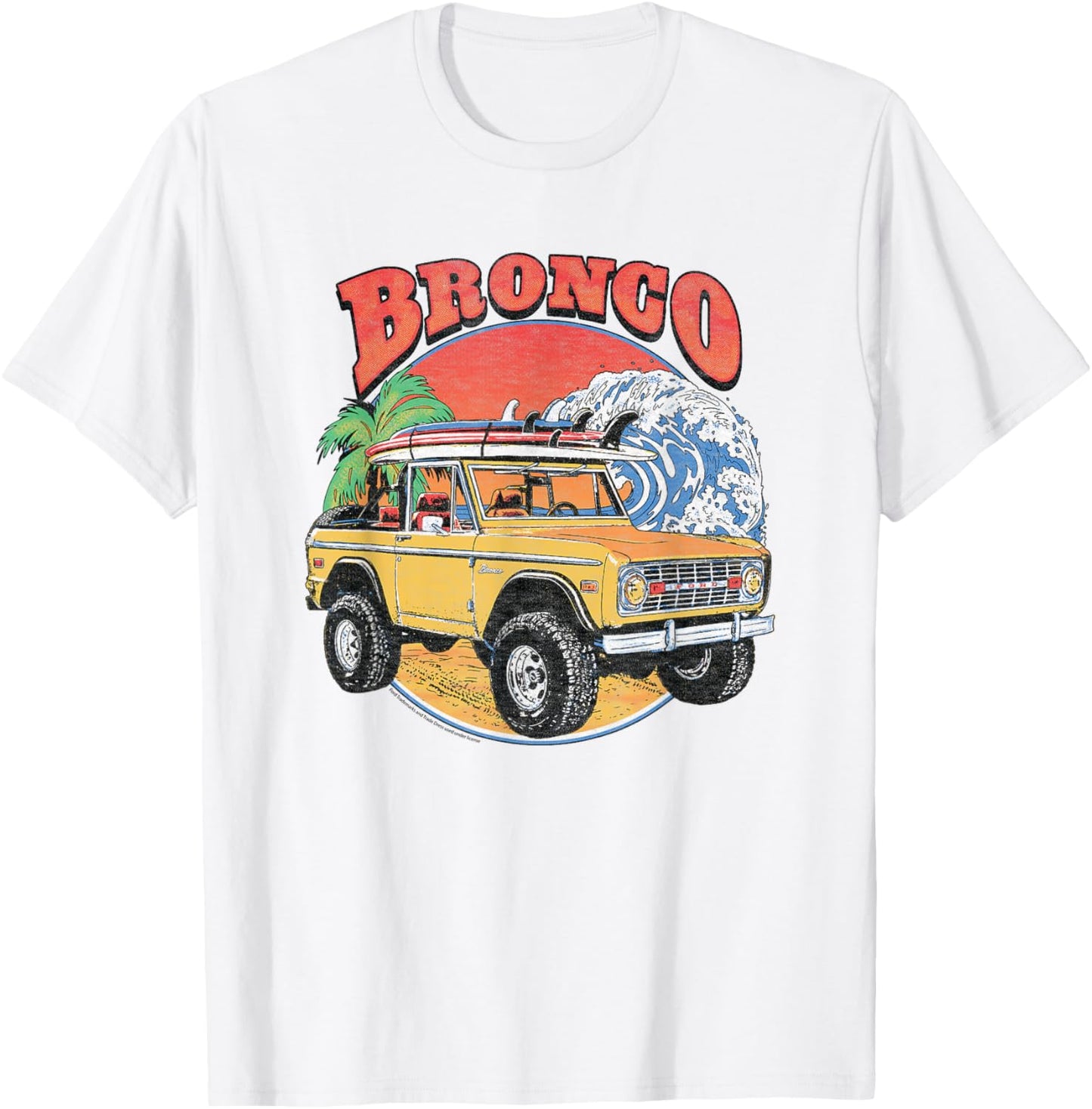 Ford - Yellow Bronco SUV Beach Surfboards And Ocean Wave T-Shirt - T-Shirt | White