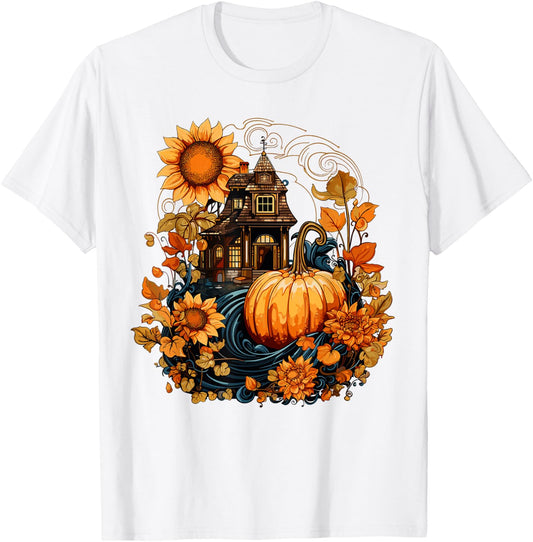 Cottagecore Pumpkins Sunflowers Fall Village Women's Graphic T-Shirt - T-Shirt | White