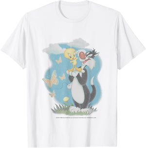 Looney Tunes Sylvester And Tweety Bird Butterfly Portrait T-Shirt - T-Shirt | White
