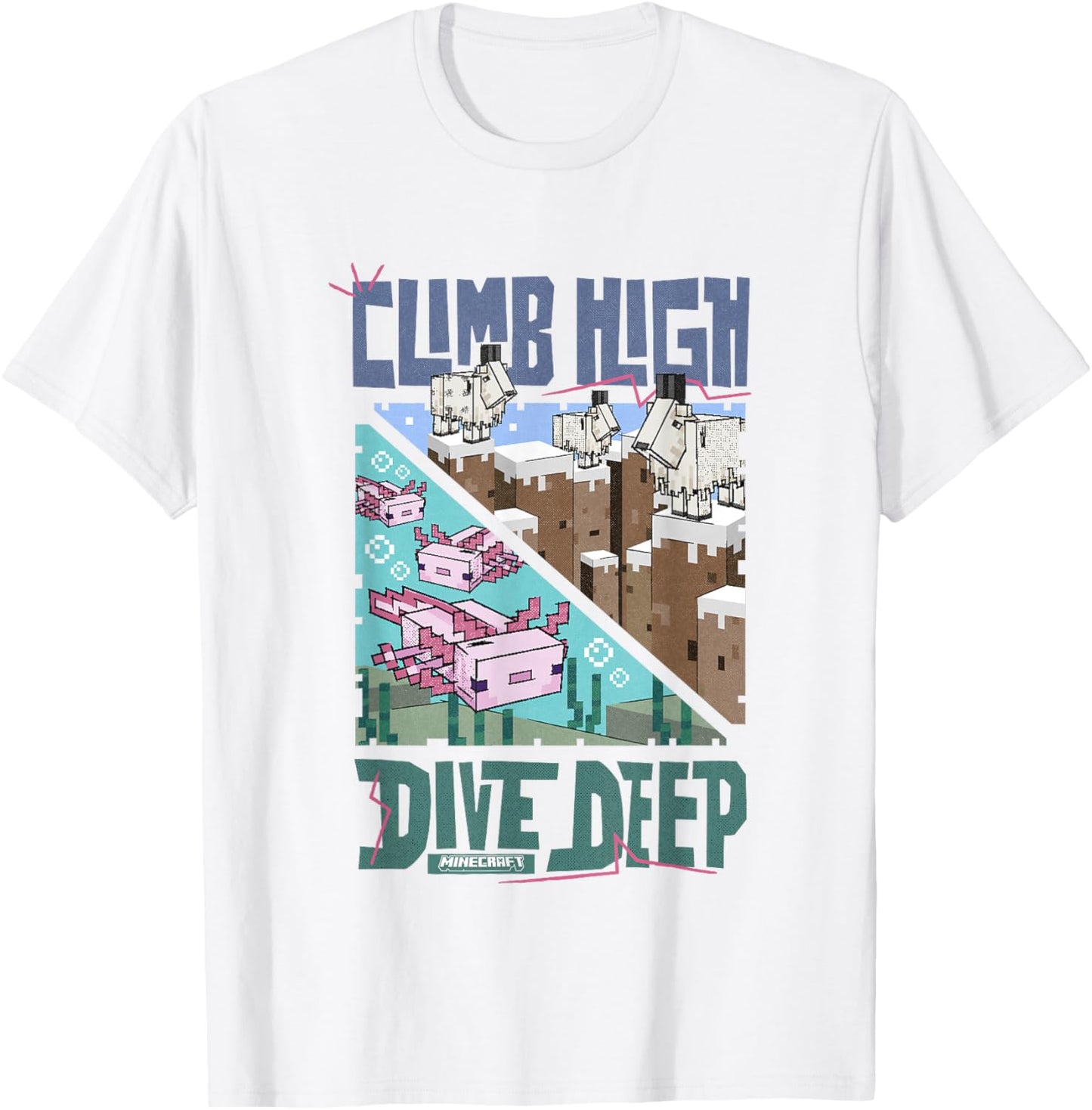 Minecraft Climb High Dive Deep Goats & Axolotls Panels T-Shirt - T-Shirt | White
