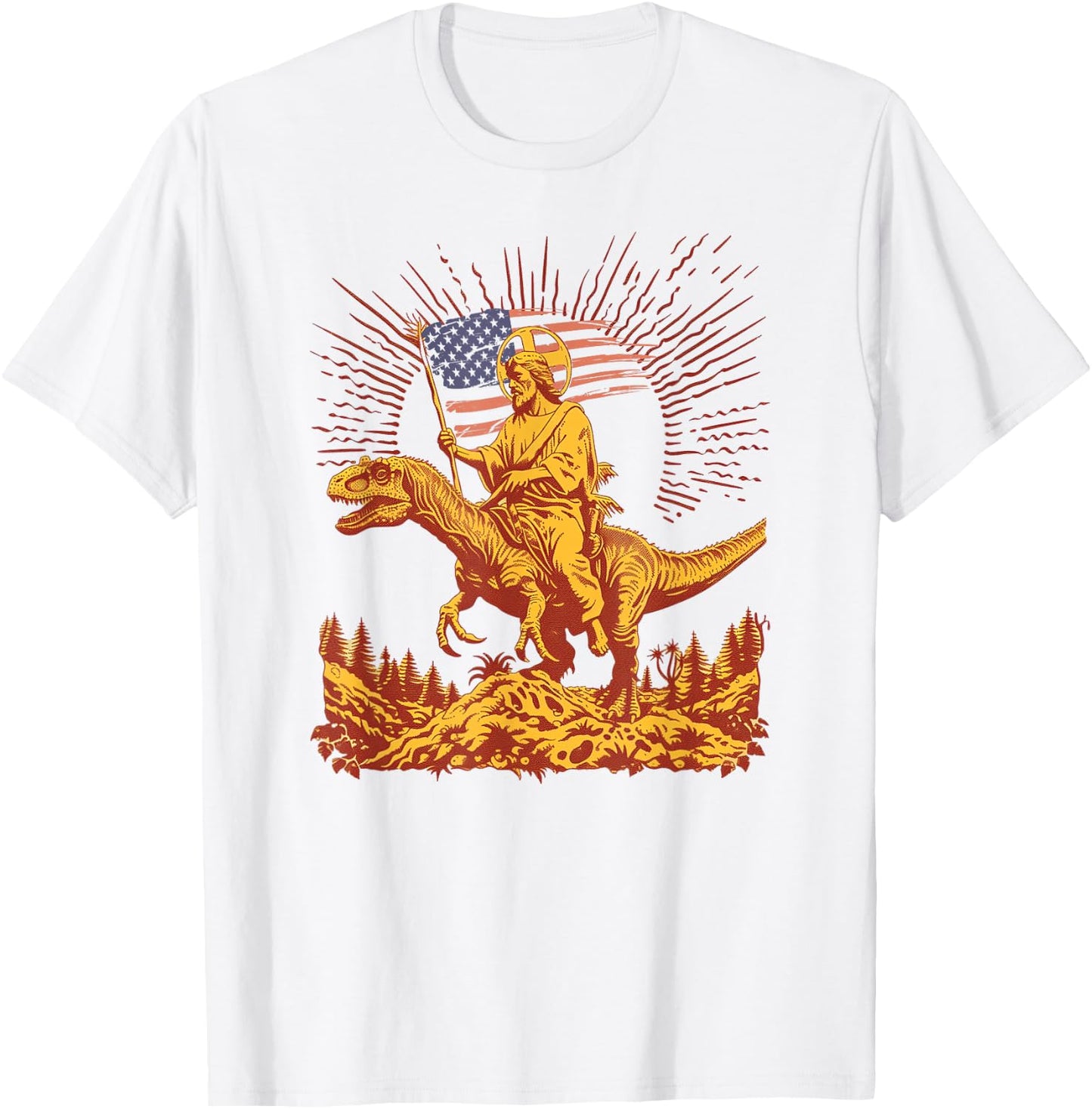 Jesus Riding Raptor Dinosaur USA Flag Funny Weird Patriotic T-Shirt - T-Shirt | White