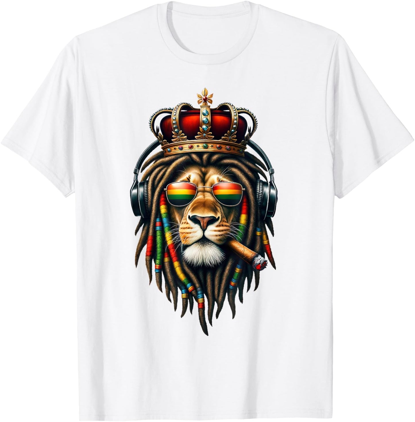 King Rasta Reggae Rastafarian Music Headphones Lion of Judah T-Shirt - T-Shirt | White