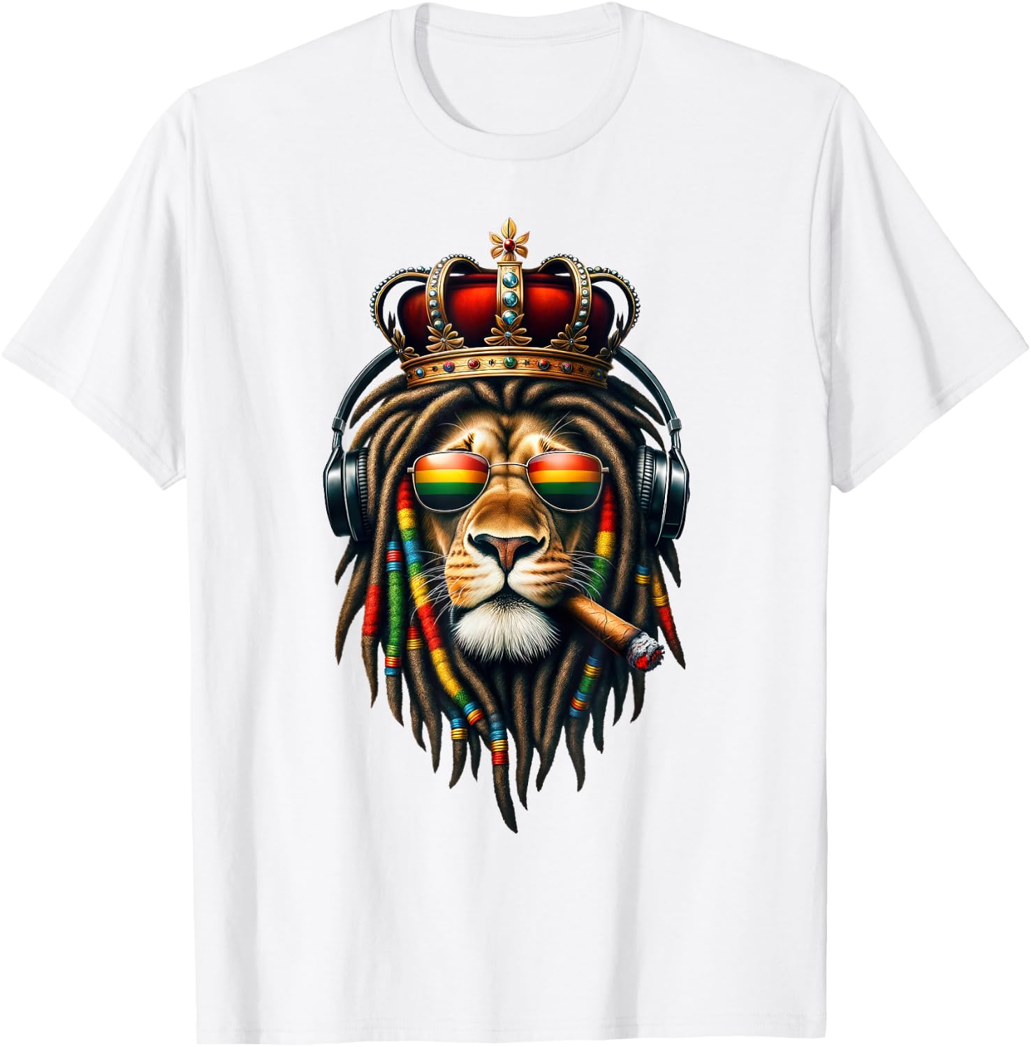 King Rasta Reggae Rastafarian Music Headphones Lion of Judah T-Shirt - T-Shirt | White