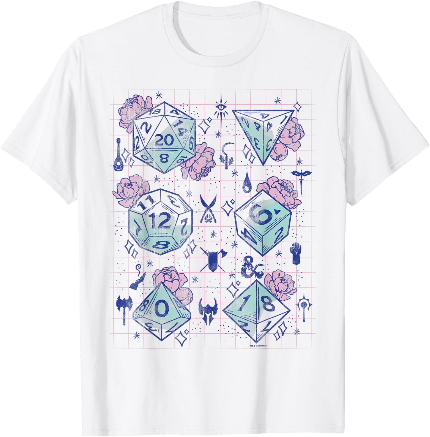 Dungeons & Dragons Floral Dice Grid T-Shirt - T-Shirt | White