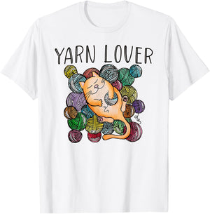 Adorable Knitting and Crochet Happy Cat Yarn Lovers T-Shirt - T-Shirt | White