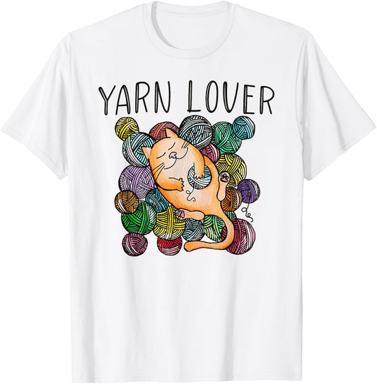 Adorable Knitting and Crochet Happy Cat Yarn Lovers T-Shirt - T-Shirt | White