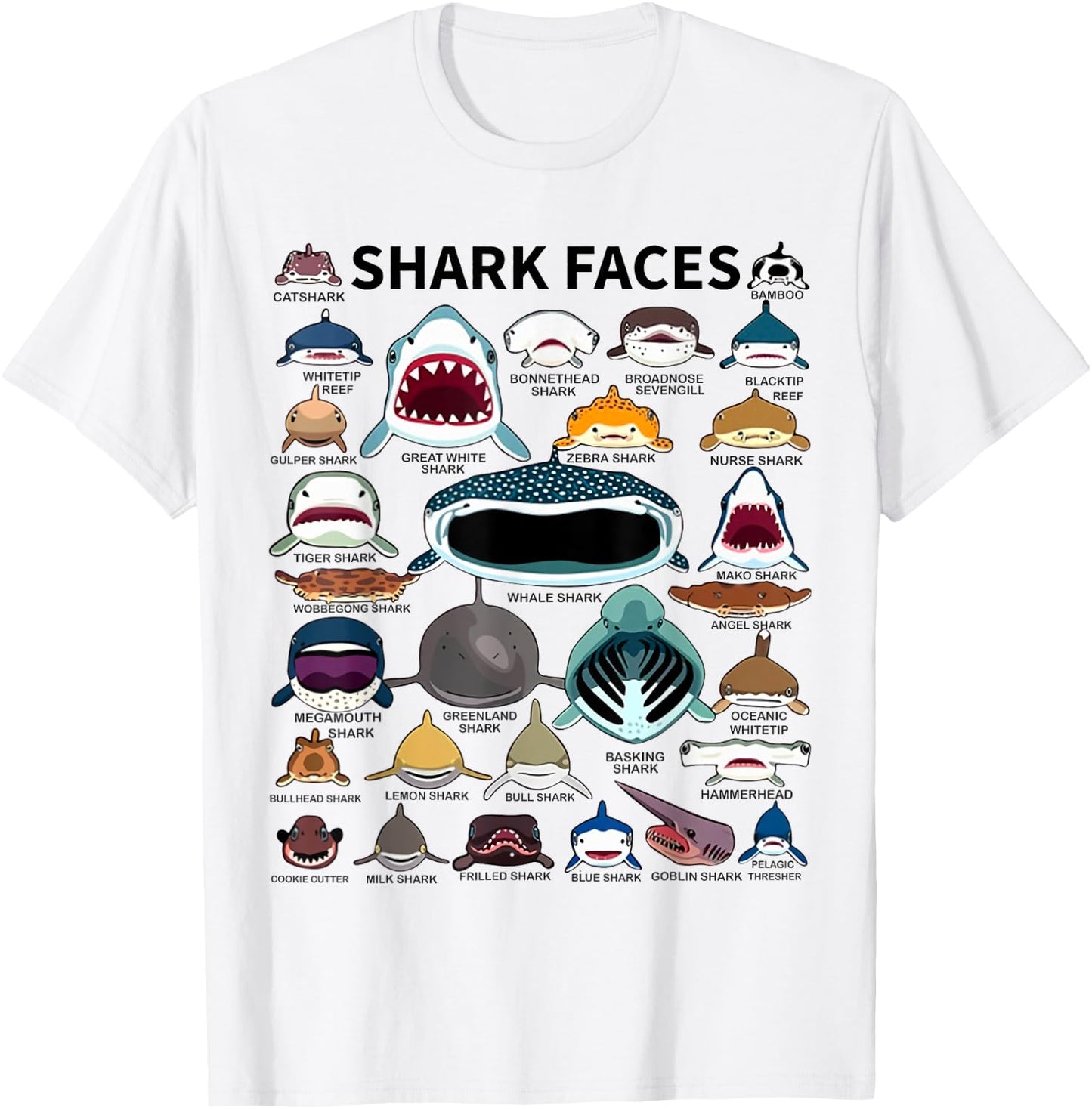 Shark Faces - Type of Shark - Shark Faces of All Kinds T-Shirt - T-Shirt | White