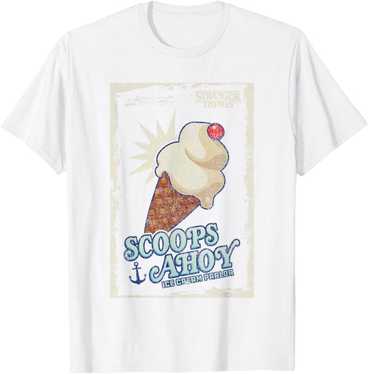 Stranger Things Scoops Ahoy Ice Cream Cone Vintage Poster T-Shirt - T-Shirt | White
