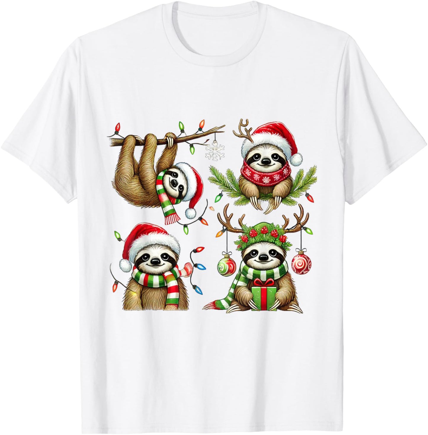 Santa Sloth Christmas Lights Funny Holiday Sloth Lover Gift T-Shirt - T-Shirt | White