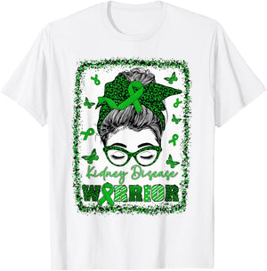 Messy Bun Bandana Woman Green Ribbon Kidney Disease Warrior T-Shirt - T-Shirt | White