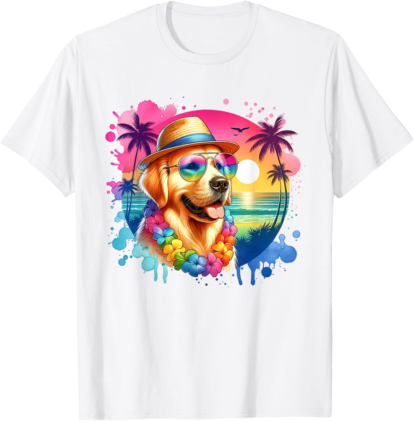 Hawaiian Golden Retriever Dog Watercolor Tropical Summer Men Women Girls Kids T-Shirt - T-Shirt | White