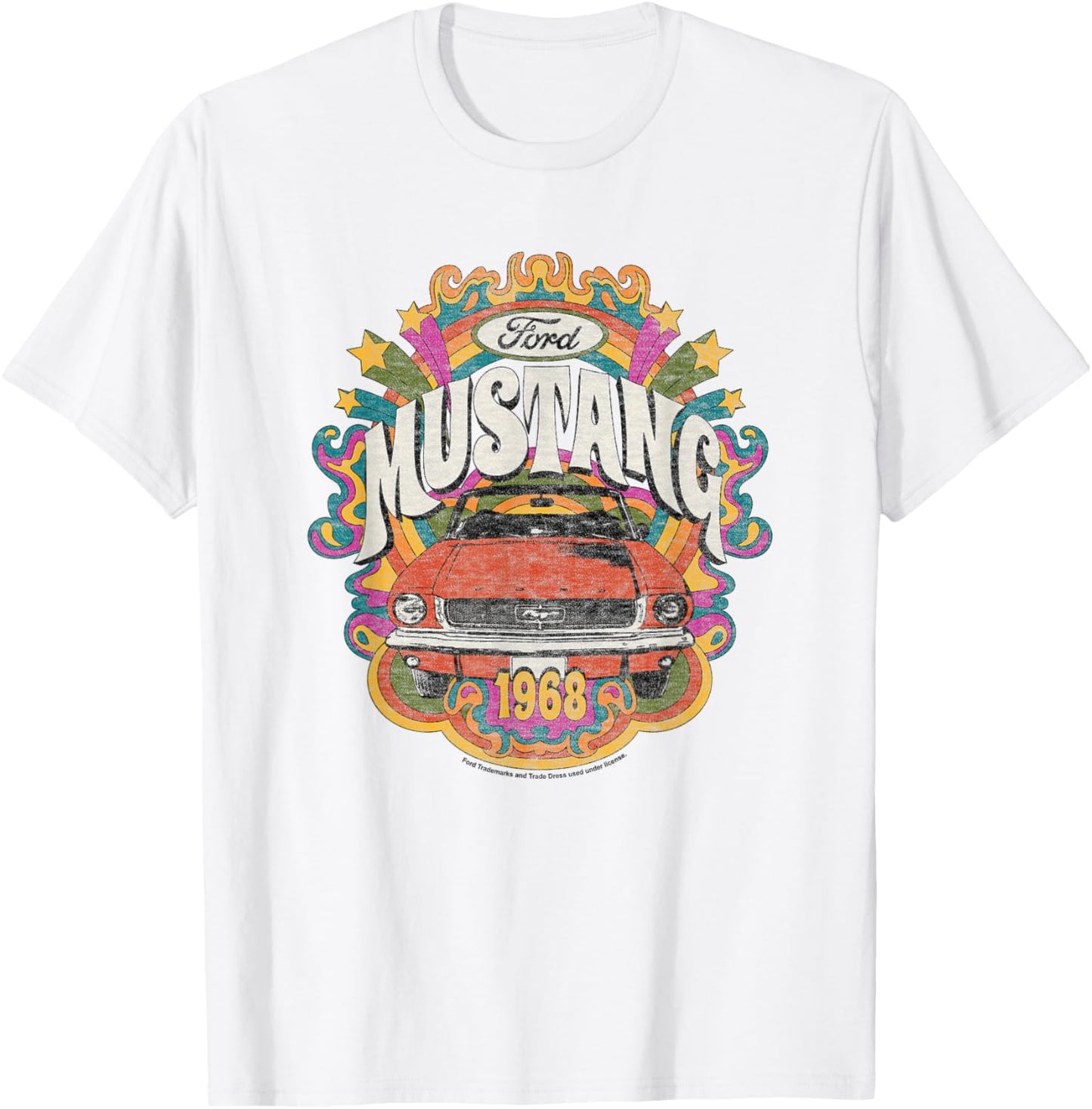 Ford - Vintage Red Mustang 1968 Rainbow Background Stars T-Shirt - T-Shirt | White