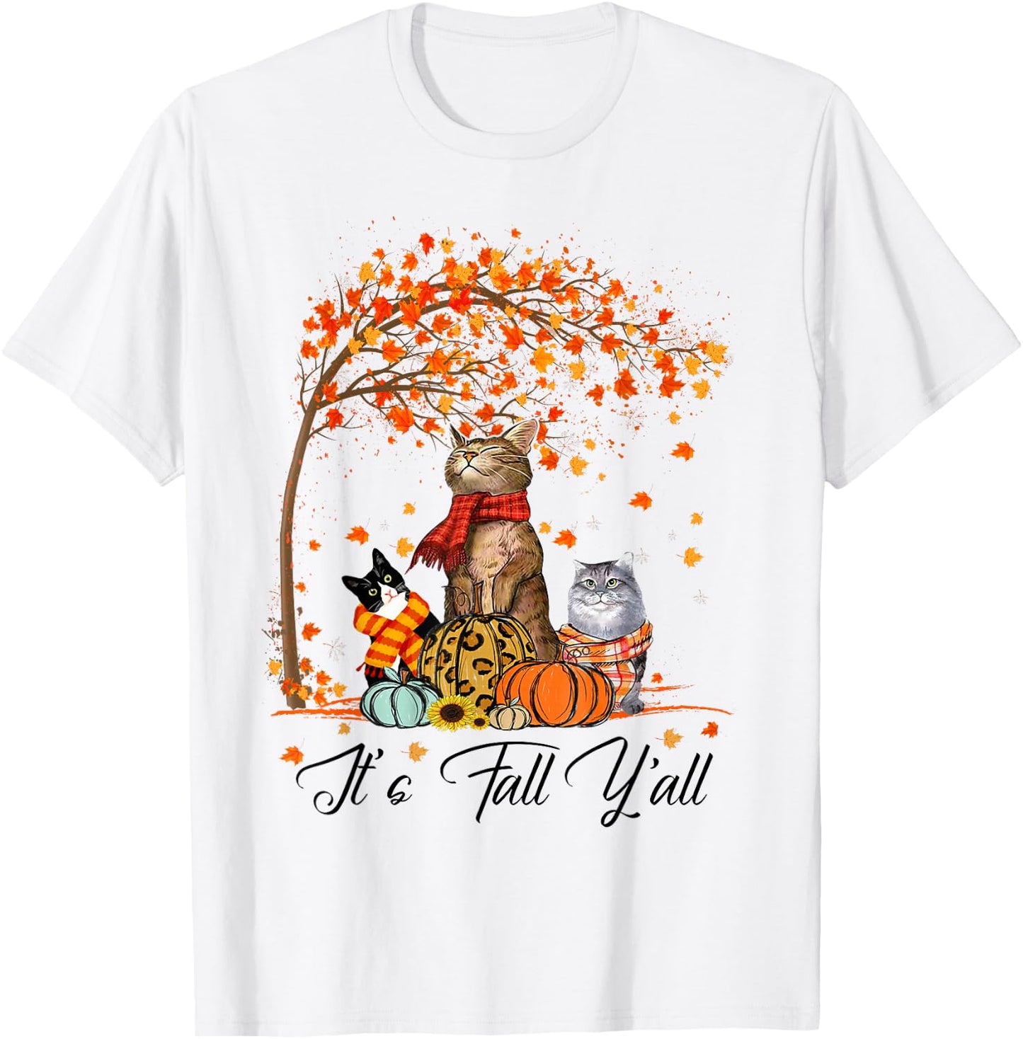 Cat It’s Fall Y’all Pumpkins Autumn Halloween Cat Fall Gifts T-Shirt - T-Shirt | White
