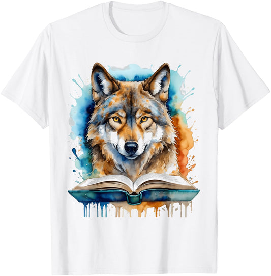 Wolf Reading Book Colorful Animal Art Print Graphic T-Shirt - T-Shirt | White