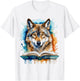Wolf Reading Book Colorful Animal Art Print Graphic T-Shirt - T-Shirt | White